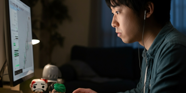 日本人男性が自宅でトレードをしている画像