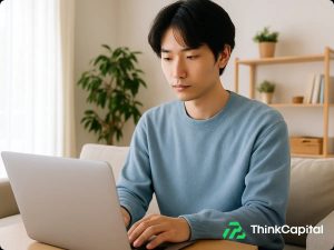 日本人男性がソファに座りラップトップでトレードをしている様子