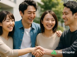 若者男女が肩を並べて握手している画像
