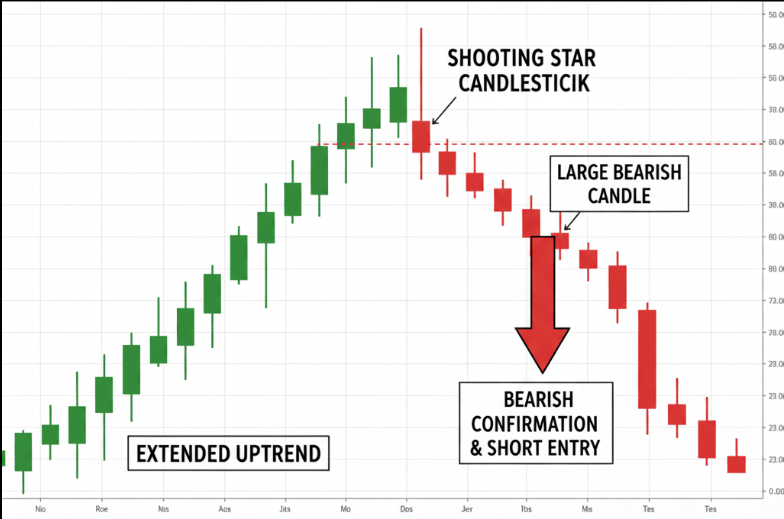 Annotated chart showing a shooting star candle, followed by a large bearish candle, confirming a price drop and entry signal for a short position.