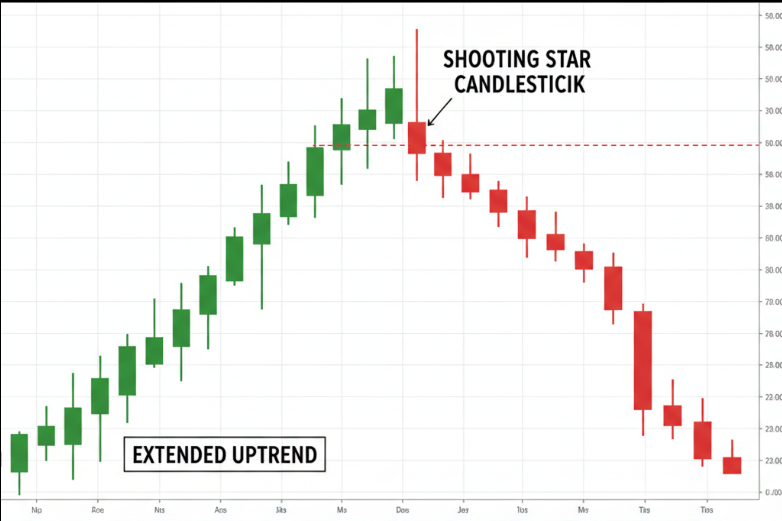 Chart showing a shooting star candle forming after an extended uptrend, with a long upper shadow and tiny body.