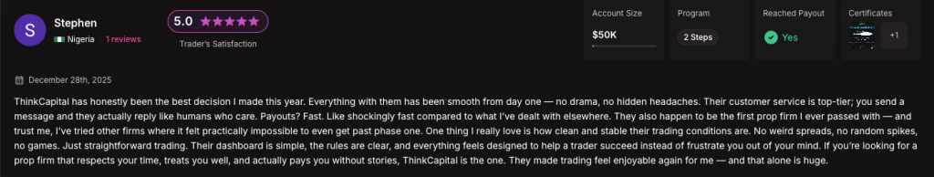 Stephen's Prop Firm Match review dated December 28, 2025
