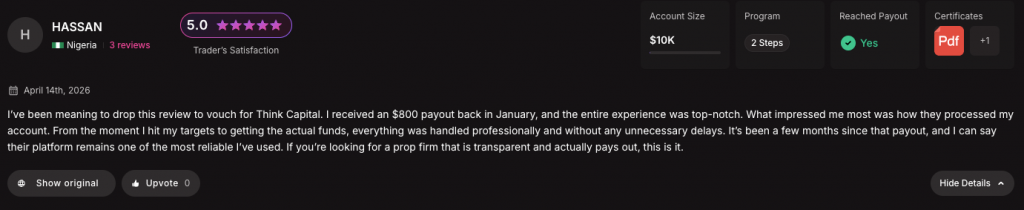 HASSAN's Prop Firm Match review dated April 14, 2026