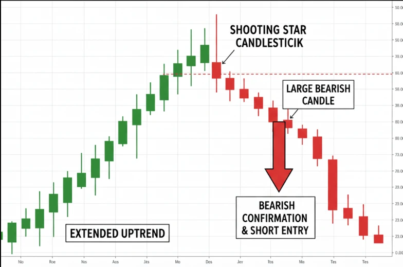 带注释的图表显示一根射击之星蜡烛线，随后是一根大型熊市蜡烛线，确认价格下跌并提供做空头寸的入场信号。